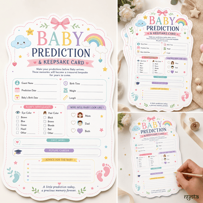 NYOTA Baby Prediction & Keepsake Cards for Baby Shower Game | Rainbow Pastel Baby Shower Guest Activity | Gender Neutral Baby Shower Party Game | Baby Advice & Prediction Cards | A5 Size