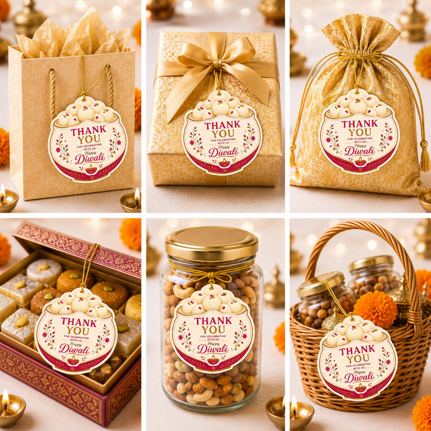 NYOTA Diwali Mithai Rasgulla Gift Tags with Golden Thread