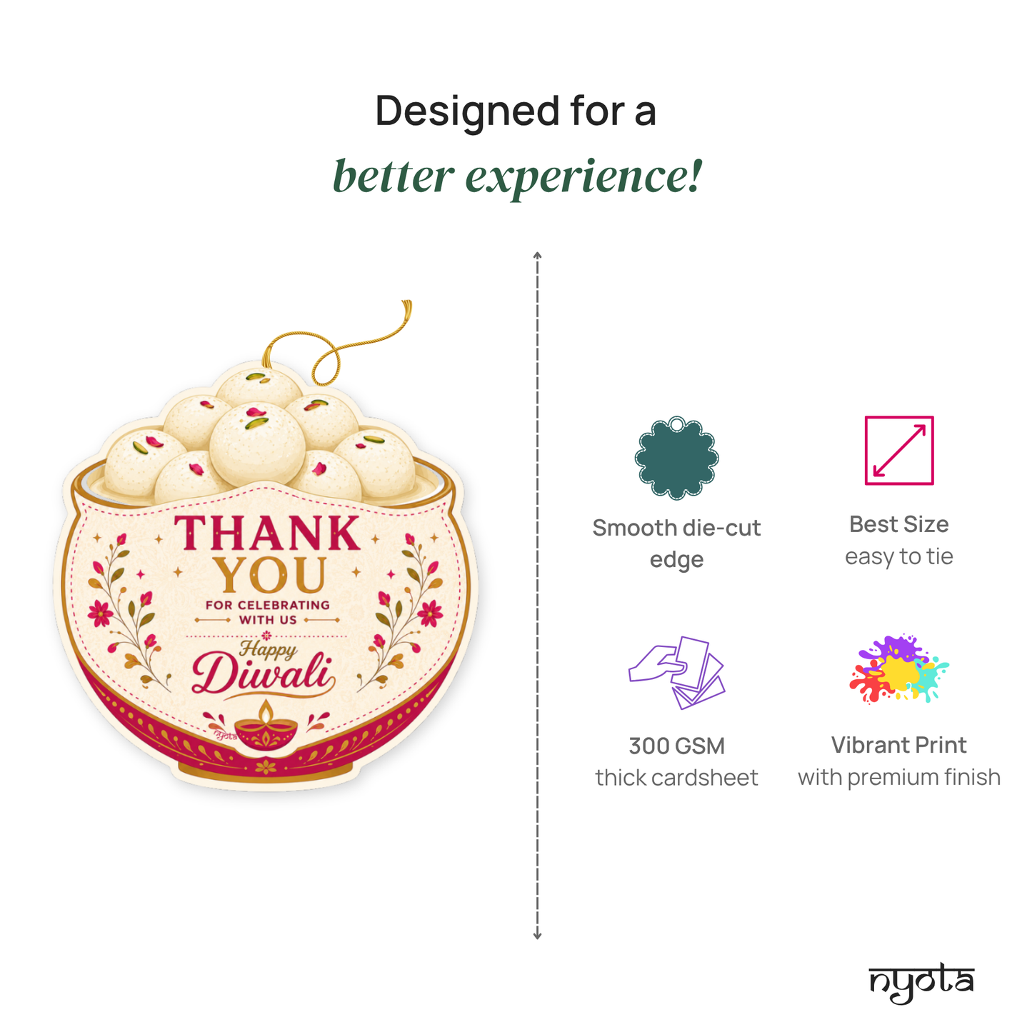 NYOTA Diwali Mithai Rasgulla Gift Tags with Golden Thread