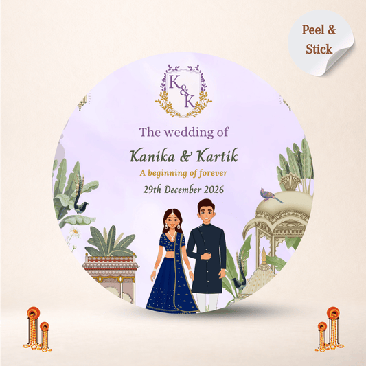 Lavender Pichwai Theme Customized Round Wedding Sticker