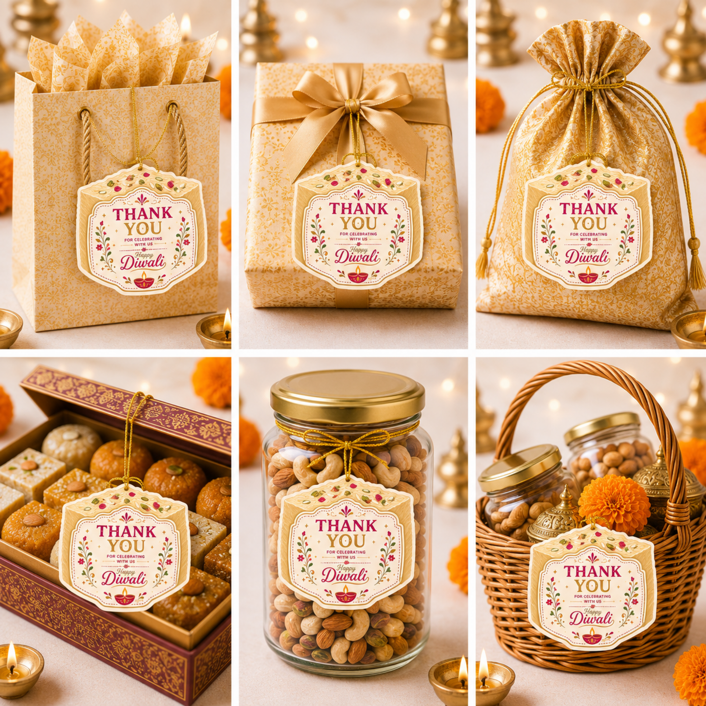 NYOTA Diwali Mithai Soan Papdi Gift Tags Golden Thread