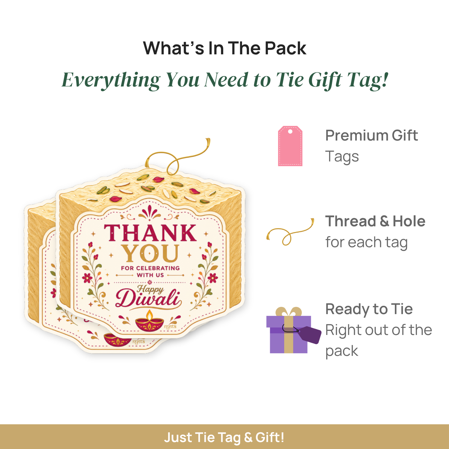 NYOTA Diwali Mithai Soan Papdi Gift Tags Golden Thread