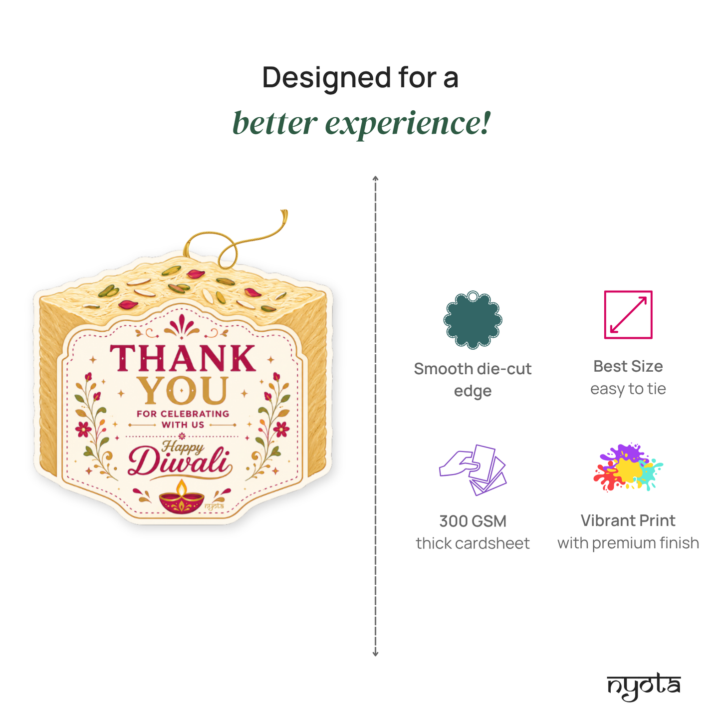 NYOTA Diwali Mithai Soan Papdi Gift Tags Golden Thread