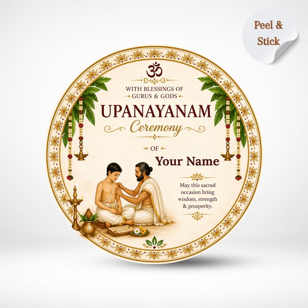 NYOTA Upanayanam Return Gift Stickers | Personalized Pooja Favor Labels | Custom Name Stickers for Thread Ceremony, Yagnopavit, Janeu Sanskar | Self-Adhesive Round Labels