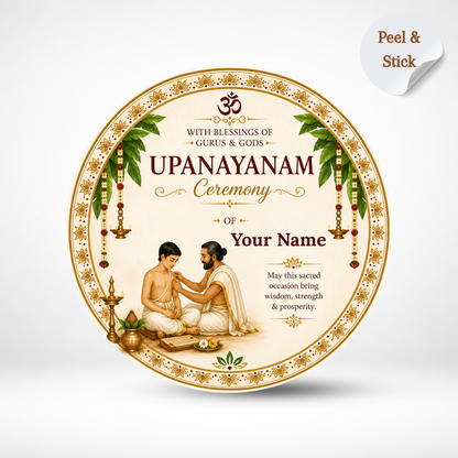 NYOTA Upanayanam Return Gift Stickers | Personalized Pooja Favor Labels | Custom Name Stickers for Thread Ceremony, Yagnopavit, Janeu Sanskar | Self-Adhesive Round Labels