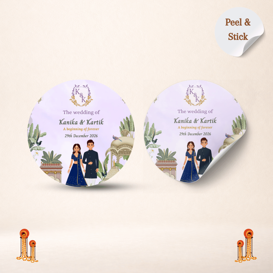 Lavender Pichwai Theme Customized Round Wedding Sticker