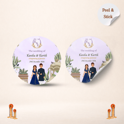 Lavender Pichwai Theme Customized Round Wedding Sticker