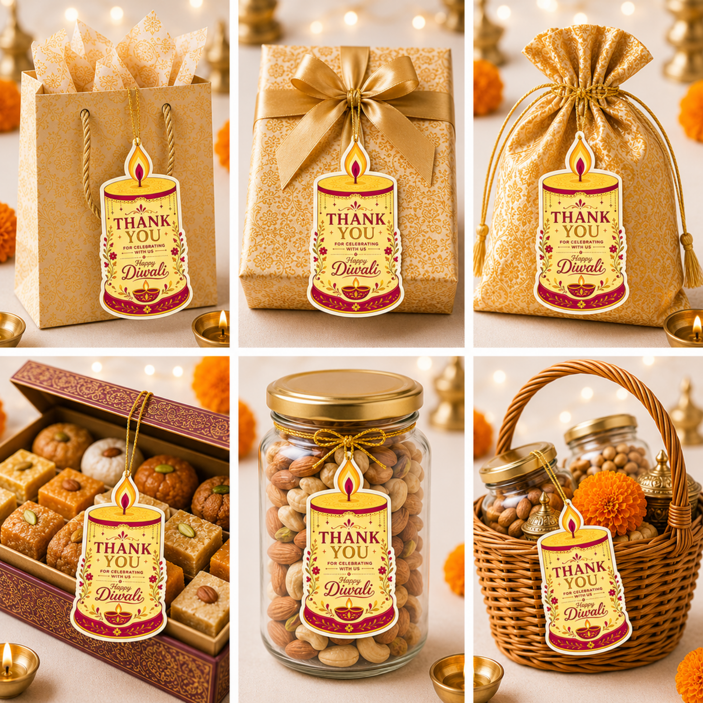 NYOTA Diwali Candle Gift Tags with Golden Thread