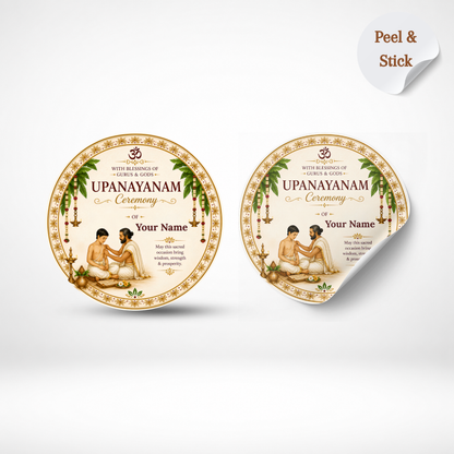 NYOTA Upanayanam Return Gift Stickers | Personalized Pooja Favor Labels | Custom Name Stickers for Thread Ceremony, Yagnopavit, Janeu Sanskar | Self-Adhesive Round Labels