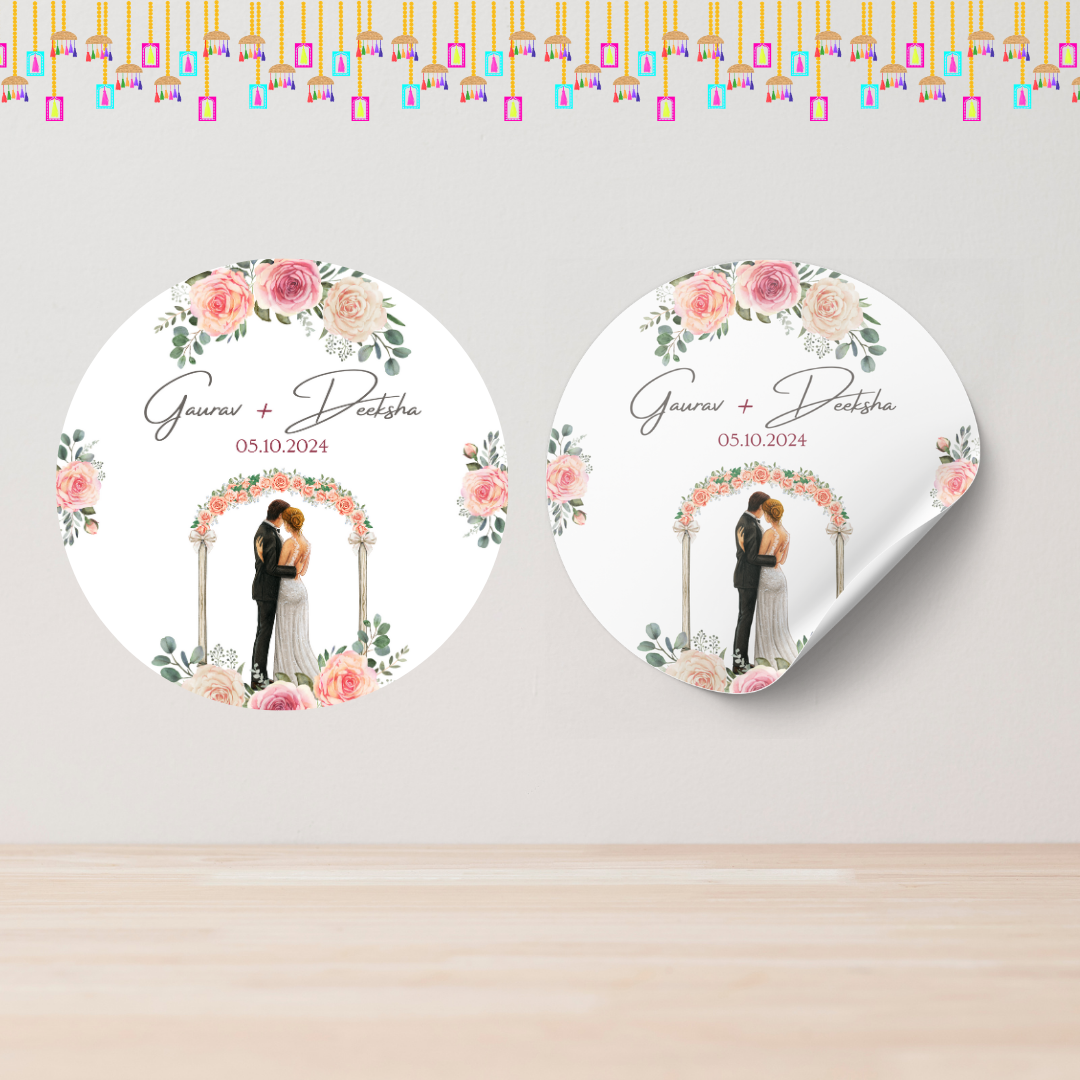 Elegant Floral Wedding Sticker - Customizable Name and Date