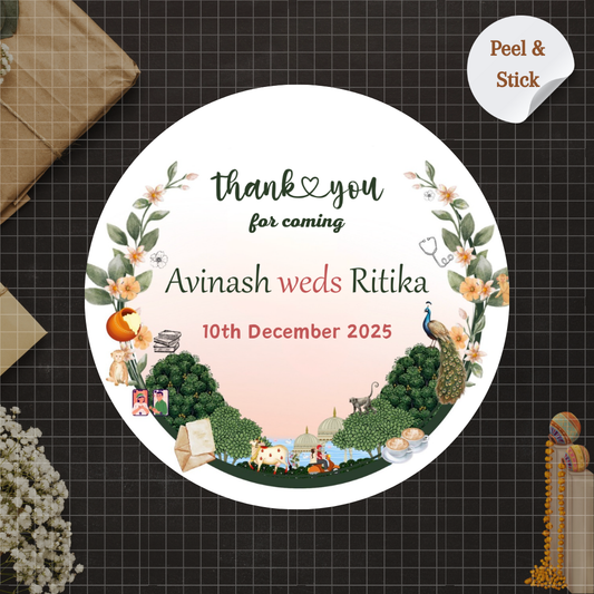 Designer Ethnic Wedding Sticker - Customized Text for Invites & Gifts
