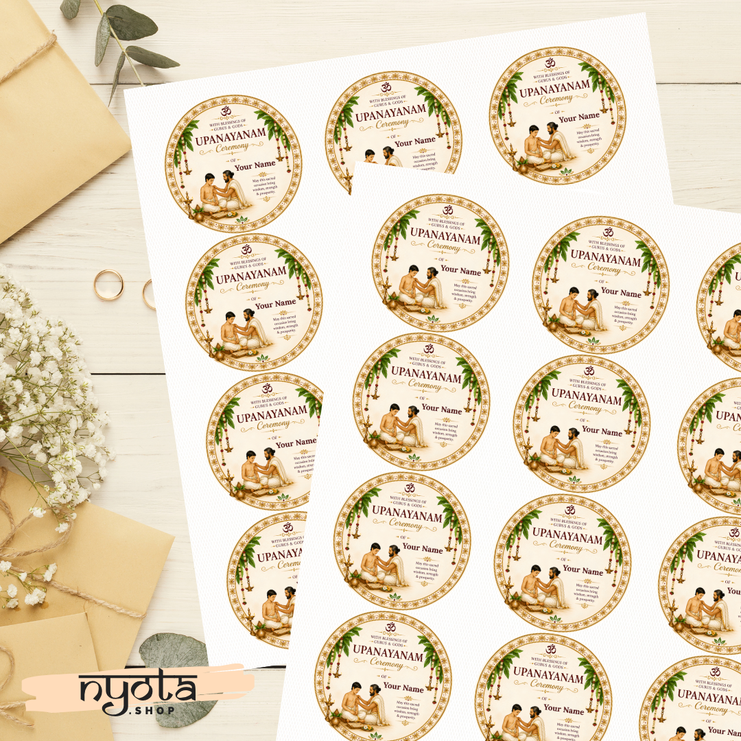 NYOTA Upanayanam Return Gift Stickers | Personalized Pooja Favor Labels | Custom Name Stickers for Thread Ceremony, Yagnopavit, Janeu Sanskar | Self-Adhesive Round Labels