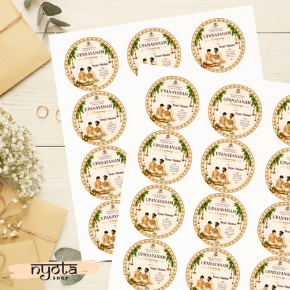 NYOTA Upanayanam Return Gift Stickers | Personalized Pooja Favor Labels | Custom Name Stickers for Thread Ceremony, Yagnopavit, Janeu Sanskar | Self-Adhesive Round Labels