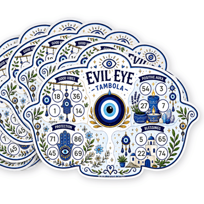 Evil Eye Tambola Tickets – Premium Nazar Theme Housie Game Cards for Greek Party, Birthday, Kitty Party, Baby Shower, Office & Family Gatherings