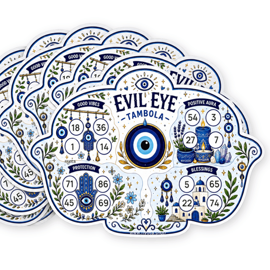 Evil Eye Tambola Tickets – Premium Nazar Theme Housie Game Cards for Greek Party, Birthday, Kitty Party, Baby Shower, Office & Family Gatherings