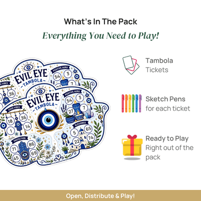 Evil Eye Tambola Tickets – Premium Nazar Theme Housie Game Cards for Greek Party, Birthday, Kitty Party, Baby Shower, Office & Family Gatherings