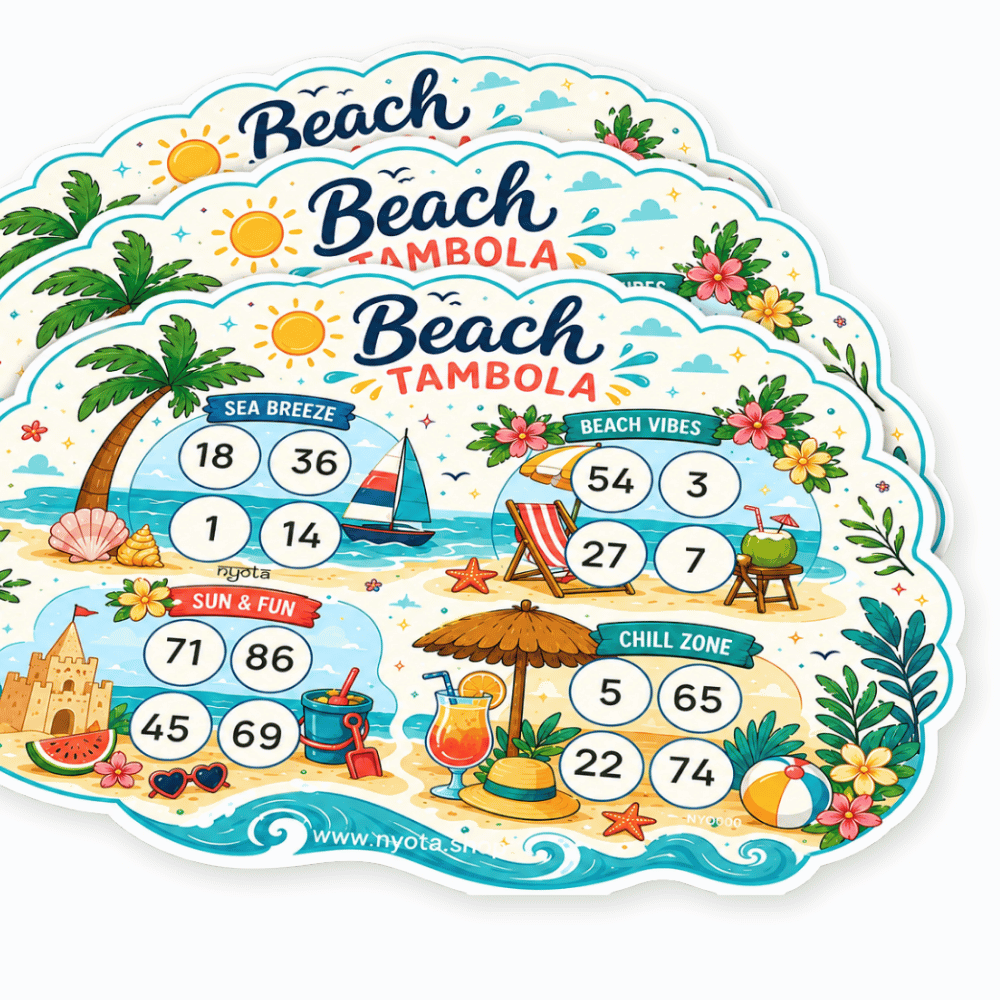 Beach Tambola Tickets – Premium Beach Theme Housie Game Cards for Summer Party, Tropical Party, Pool Party, Vacation, Birthday & Family Gatherings