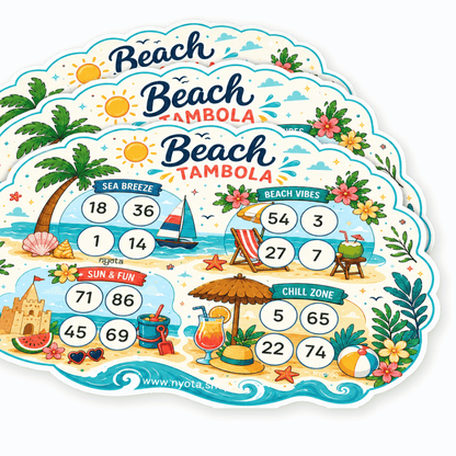 Beach Tambola Tickets – Premium Beach Theme Housie Game Cards for Summer Party, Tropical Party, Pool Party, Vacation, Birthday & Family Gatherings