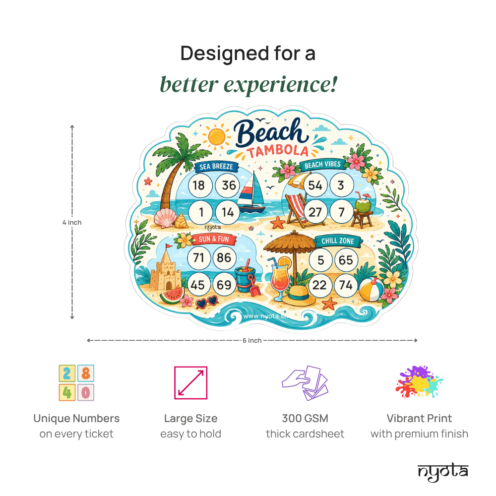 Beach Tambola Tickets – Premium Beach Theme Housie Game Cards for Summer Party, Tropical Party, Pool Party, Vacation, Birthday & Family Gatherings