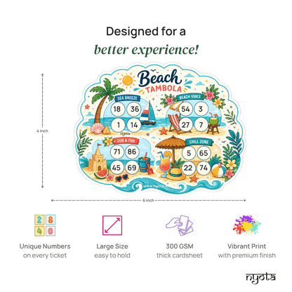 Beach Tambola Tickets – Premium Beach Theme Housie Game Cards for Summer Party, Tropical Party, Pool Party, Vacation, Birthday & Family Gatherings