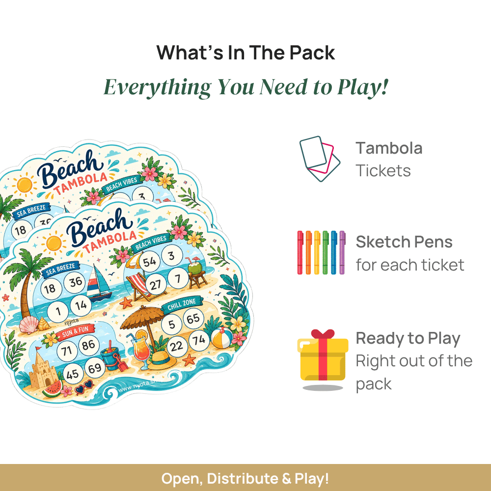 Beach Tambola Tickets – Premium Beach Theme Housie Game Cards for Summer Party, Tropical Party, Pool Party, Vacation, Birthday & Family Gatherings
