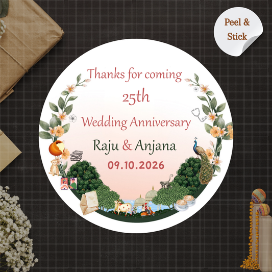 Designer Ethnic Anniversary Sticker - Customized Text for Invites & Gifts