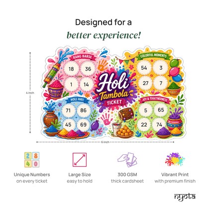 Holi Tambola Tickets – Colorful Housie Game Cards for Holi Party, Festival Celebration, Society Events, School, Kitty Party & Family Gatherings