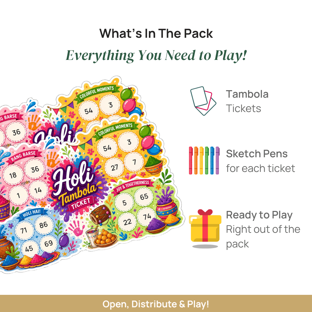 Holi Tambola Tickets – Colorful Housie Game Cards for Holi Party, Festival Celebration, Society Events, School, Kitty Party & Family Gatherings