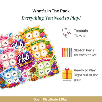 Holi Tambola Tickets – Colorful Housie Game Cards for Holi Party, Festival Celebration, Society Events, School, Kitty Party & Family Gatherings