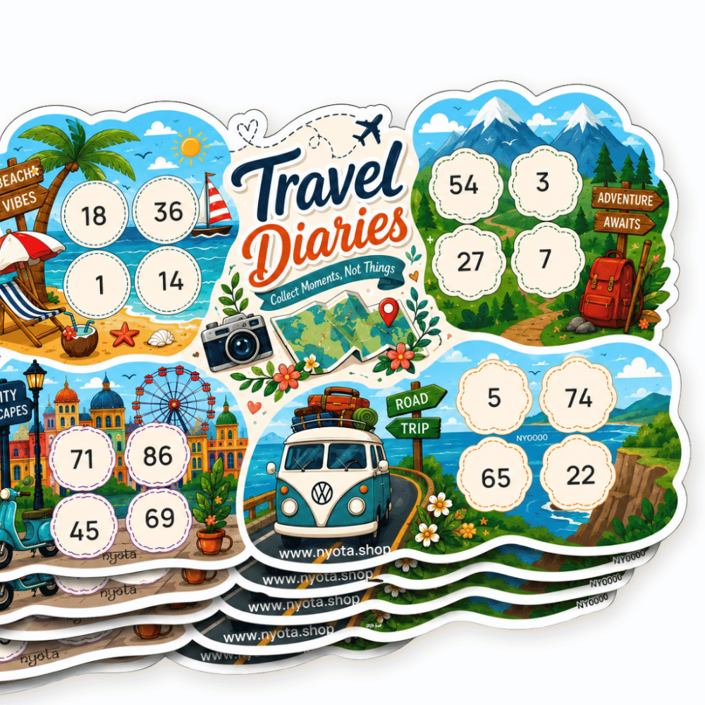 Travel Diaries Tambola Tickets – Premium Travel Theme Housie Game Cards for Vacation Party, Wanderlust, Road Trip, Office, Birthday & Family Gatherings