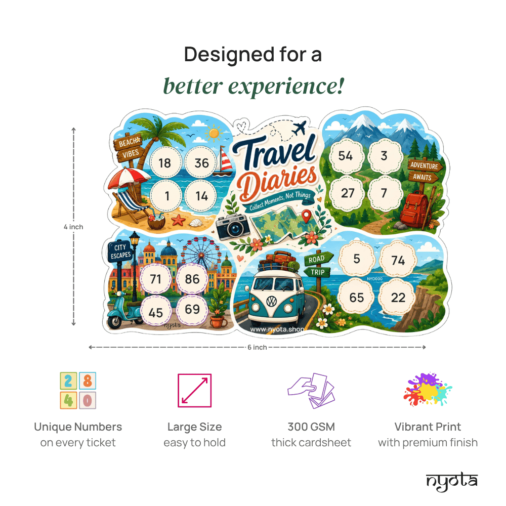 Travel Diaries Tambola Tickets – Premium Travel Theme Housie Game Cards for Vacation Party, Wanderlust, Road Trip, Office, Birthday & Family Gatherings