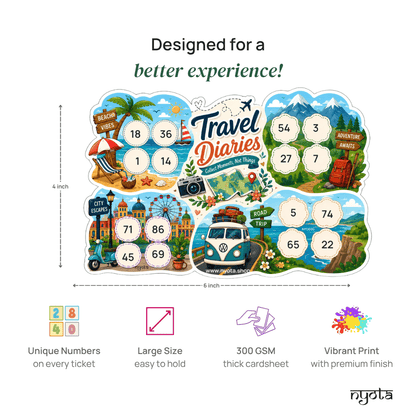 Travel Diaries Tambola Tickets – Premium Travel Theme Housie Game Cards for Vacation Party, Wanderlust, Road Trip, Office, Birthday & Family Gatherings