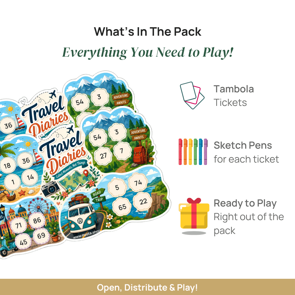 Travel Diaries Tambola Tickets – Premium Travel Theme Housie Game Cards for Vacation Party, Wanderlust, Road Trip, Office, Birthday & Family Gatherings