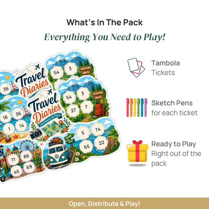 Travel Diaries Tambola Tickets – Premium Travel Theme Housie Game Cards for Vacation Party, Wanderlust, Road Trip, Office, Birthday & Family Gatherings