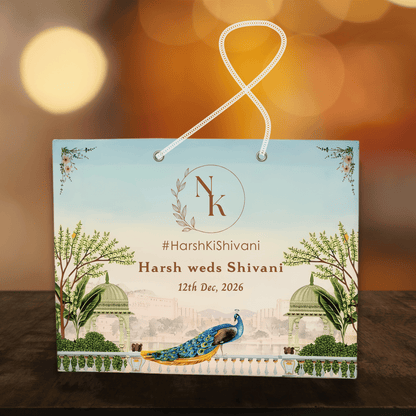 Blue Pichwai Theme Customised Printed Paper Bag with Golden Text - LUXE