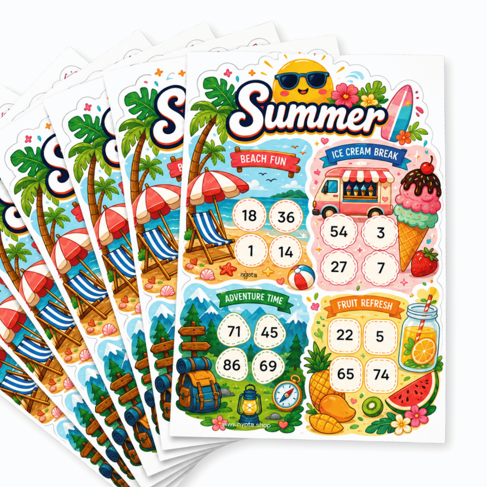 Summer Tambola Tickets – Premium Summer Vacation Theme Housie Game Cards for Beach Party, Pool Party, Picnic, Birthday & Family Gatherings
