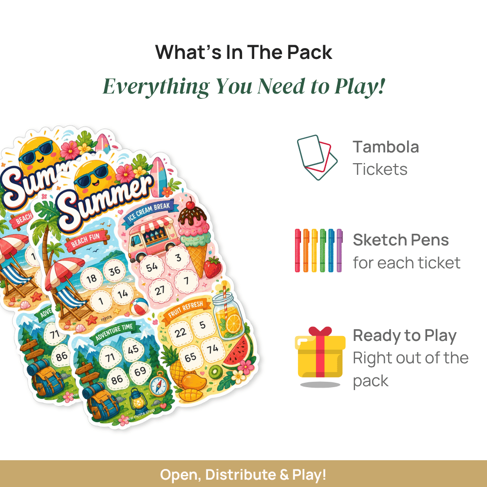 Summer Tambola Tickets – Premium Summer Vacation Theme Housie Game Cards for Beach Party, Pool Party, Picnic, Birthday & Family Gatherings