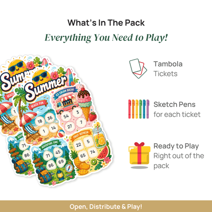 Summer Tambola Tickets – Premium Summer Vacation Theme Housie Game Cards for Beach Party, Pool Party, Picnic, Birthday & Family Gatherings