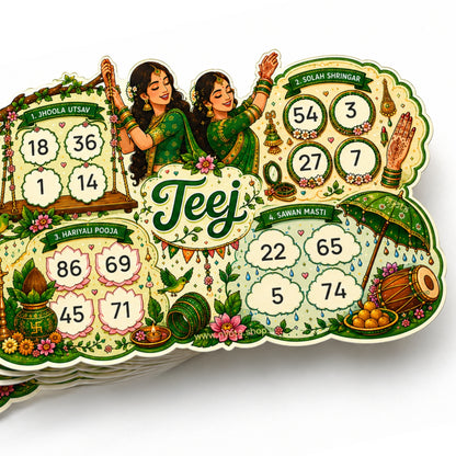 Nyota Teej Theme Tambola Tickets | Premium Printed Housie Tickets | Bingo Cards for Kitty Party, Family Game Night, Teej Festival Celebration, Office Party & Indian Party Games