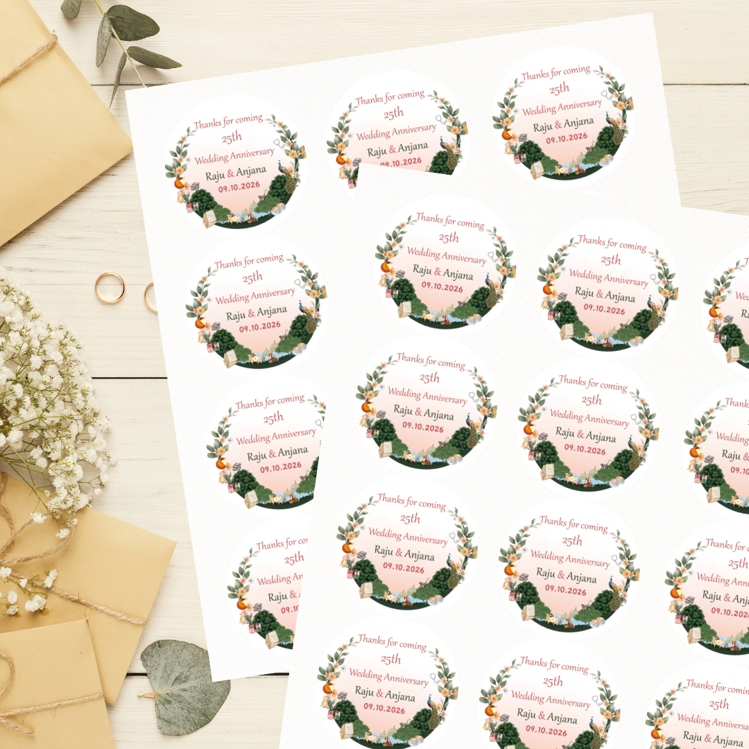 Designer Ethnic Anniversary Sticker - Customized Text for Invites & Gifts