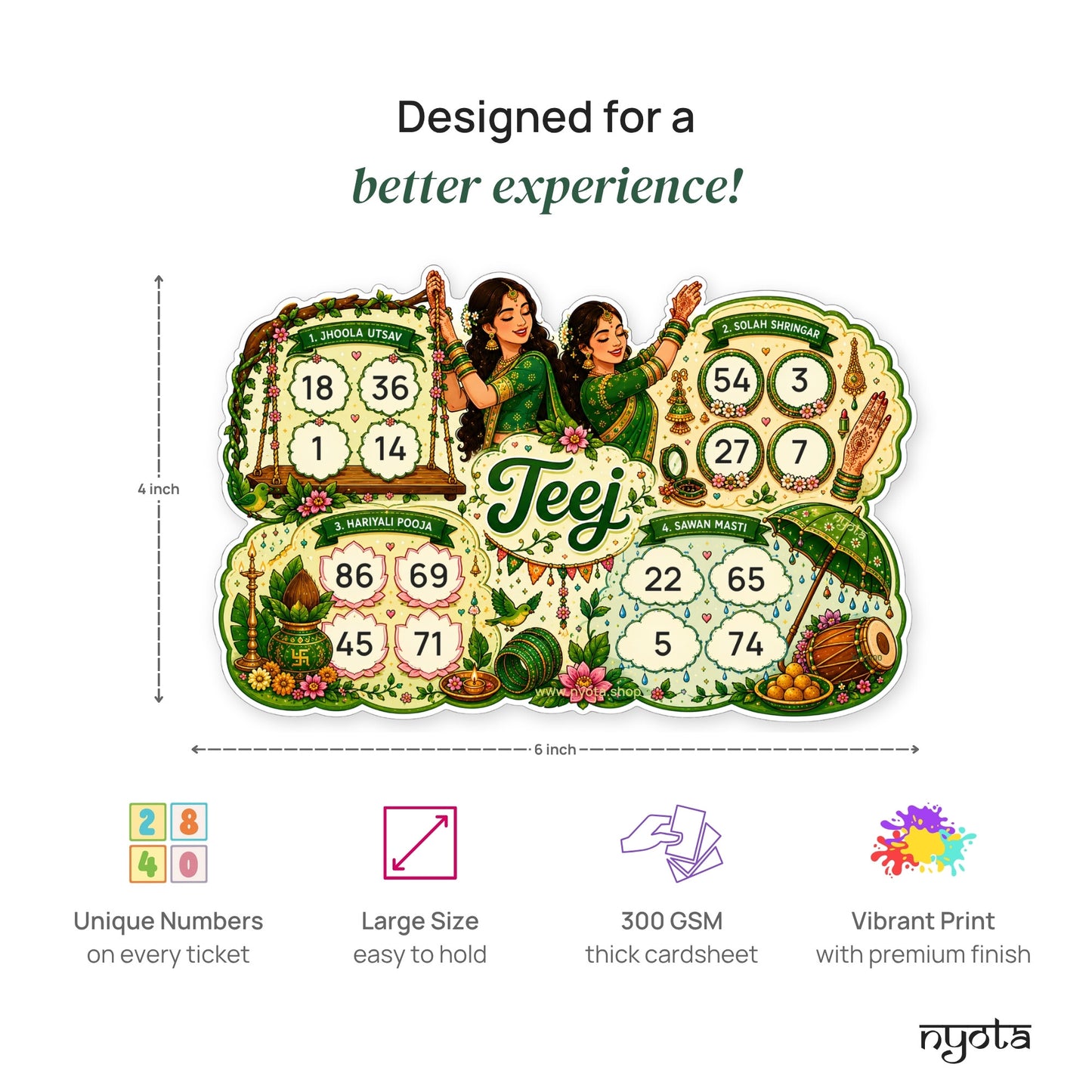 Nyota Teej Theme Tambola Tickets | Premium Printed Housie Tickets | Bingo Cards for Kitty Party, Family Game Night, Teej Festival Celebration, Office Party & Indian Party Games