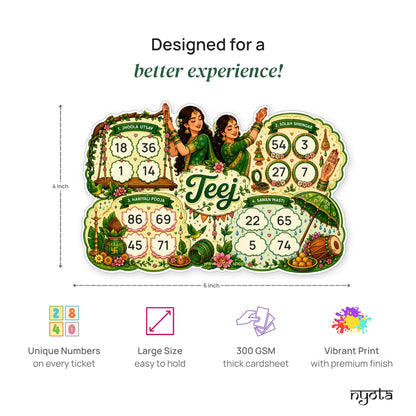 Nyota Teej Theme Tambola Tickets | Premium Printed Housie Tickets | Bingo Cards for Kitty Party, Family Game Night, Teej Festival Celebration, Office Party & Indian Party Games