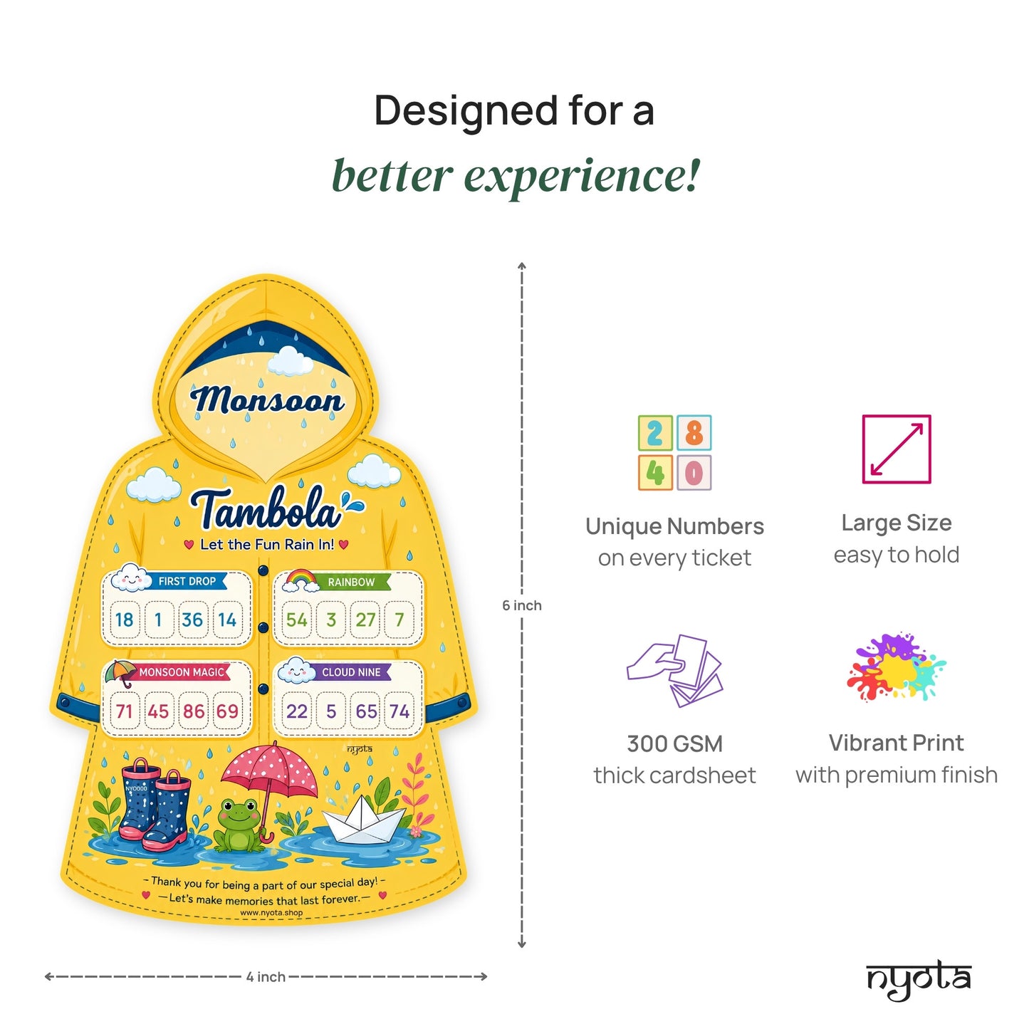 Nyota Monsoon Raincoat Theme Tambola Tickets | Rainy Season Housie Bingo Game Cards | Party Game for Kitty Party, Birthday, Family Game Night & Monsoon Celebration