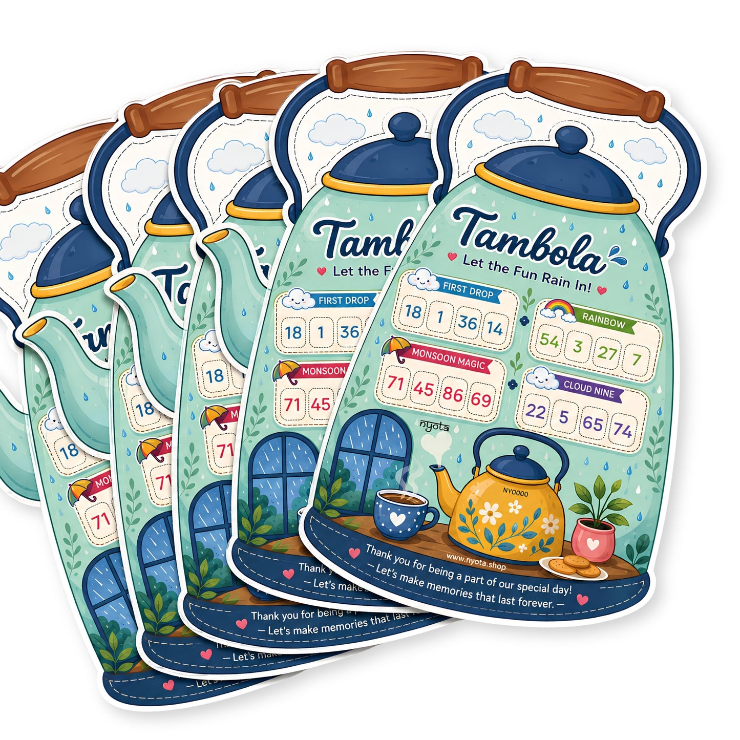 Nyota Tea Kettle Theme Tambola Tickets | Monsoon Chai Housie Bingo Game Cards | Party Game for Kitty Party, Birthday, Family Game Night & Monsoon Celebration