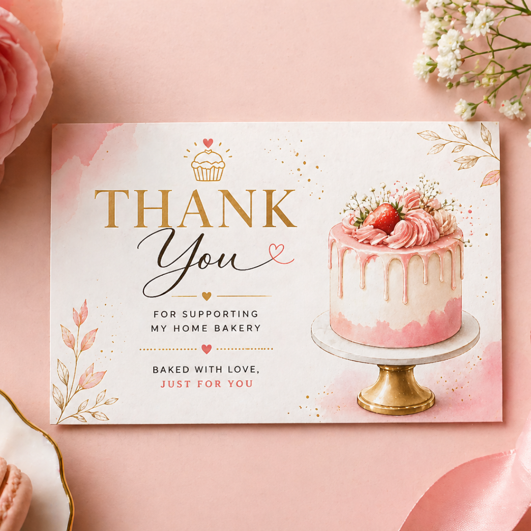 Premium Bakery Thank You Cards | Cute Cake Design | Small Business Packaging Insert | 3.5x2.25 Inch