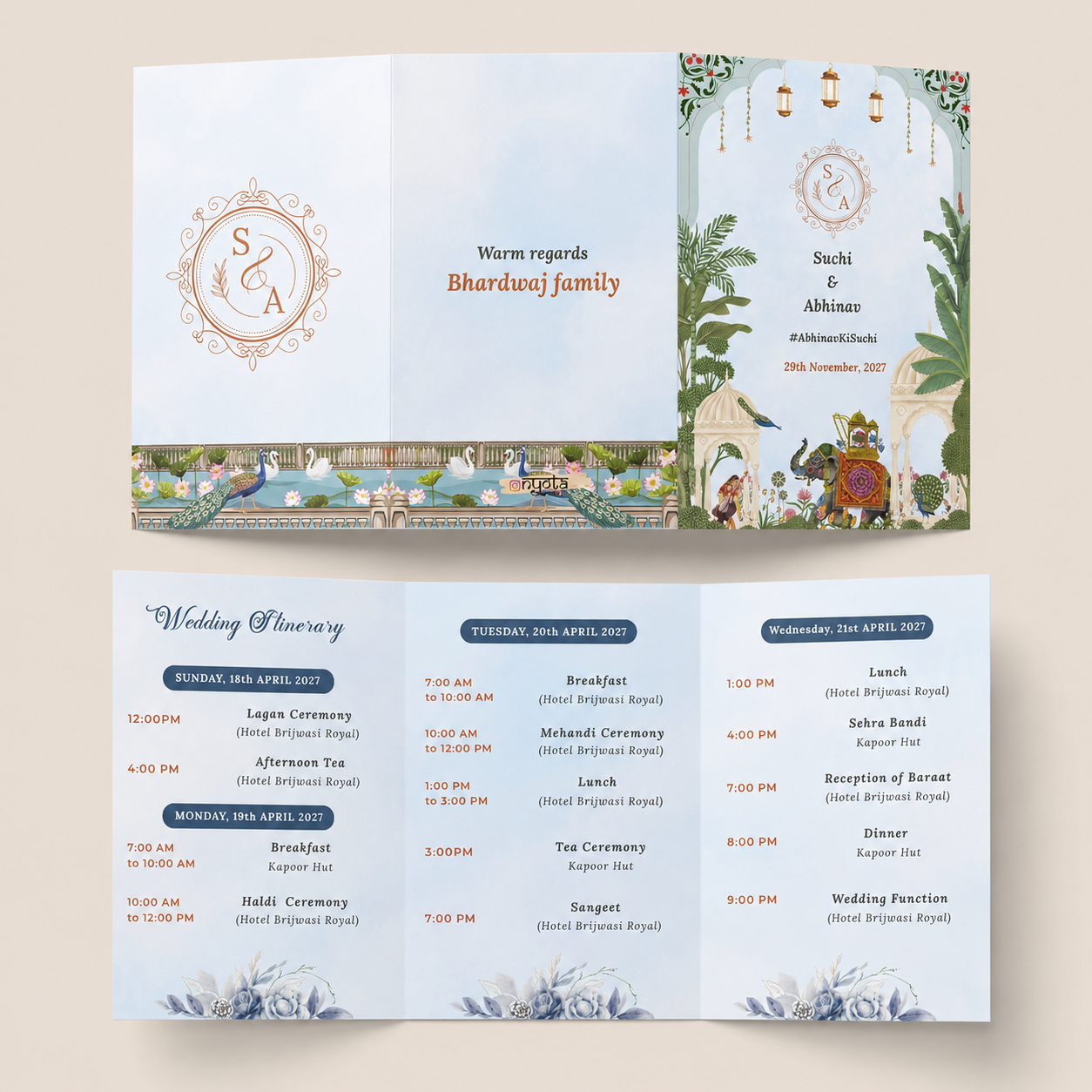 NYOTA Blue Pichwai Theme Tri-Fold Wedding Itinerary Card | Personalized Wedding Schedule & Events Card | Elegant Indian Wedding Stationery | Custom Wedding Program