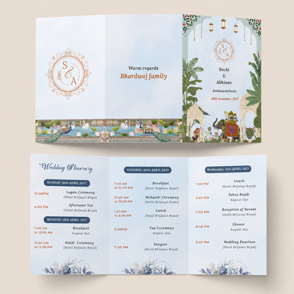 NYOTA Blue Pichwai Theme Tri-Fold Wedding Itinerary Card | Personalized Wedding Schedule & Events Card | Elegant Indian Wedding Stationery | Custom Wedding Program