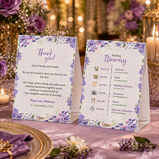 Elegant Purple Personalized Wedding Tent Card | Table Display Welcome & Itinerary Card for Indian Wedding