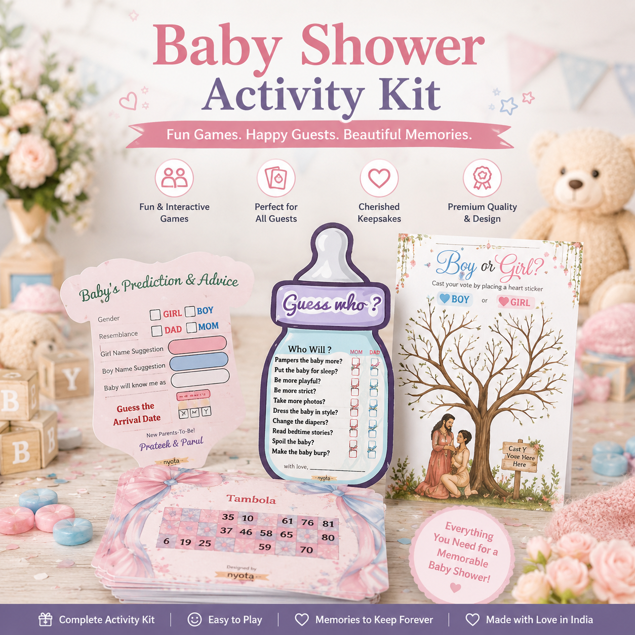 NYOTA Baby Shower Activity Kit | Complete Baby Shower Games Bundle with Baby Prediction Cards, Mom vs Dad Game, Baby Shower Tambola & Fingerprint Voting Board | Personalized Party Kit