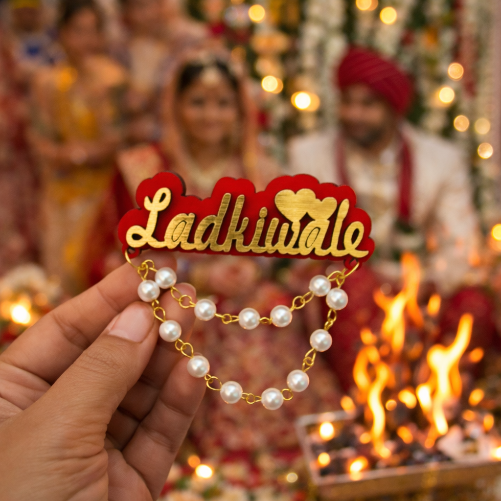 Ladkiwale Wedding Badge Brooch – Indian Wedding Ladki Wale Badge with Pearl Chain